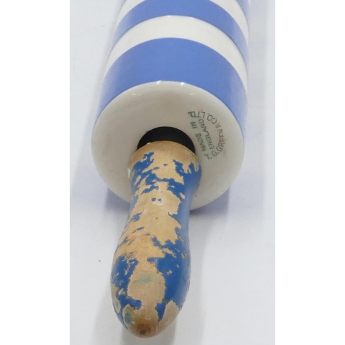 33 - TG Green & Co Ltd wooden handled blue and white rolling pin, 46.5cm long.
