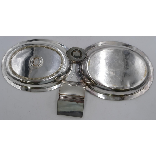 330 - A rectangular silver plated snuff box with hinged lid. 9cm wide and an oval silver plated entree dis... 