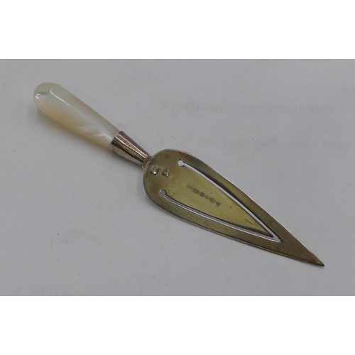 344 - A London silver book mark in form of a trowel with mother of pearl handle