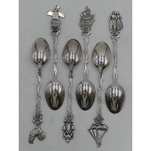 348 - A set of 6 Dutch silver coloured metal teaspoons with figure, boat, bird and windmill decoration, ma... 