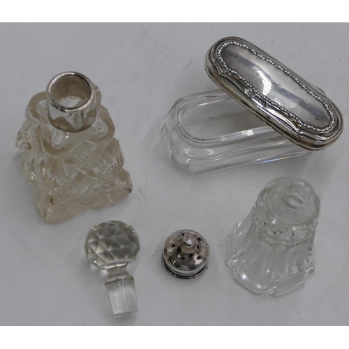 362 - A glass dressing table bottle with Birmingham silver lid, a cut glass square scent bottle with stopp... 