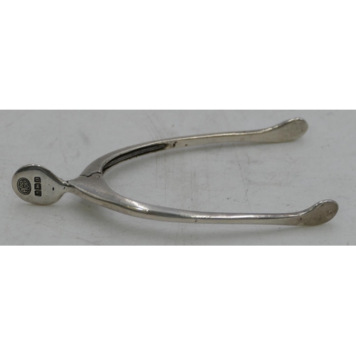 375 - A pair of Birmingham silver wishbone sugar tongs, maker Alexander Clerk & Co Ltd.