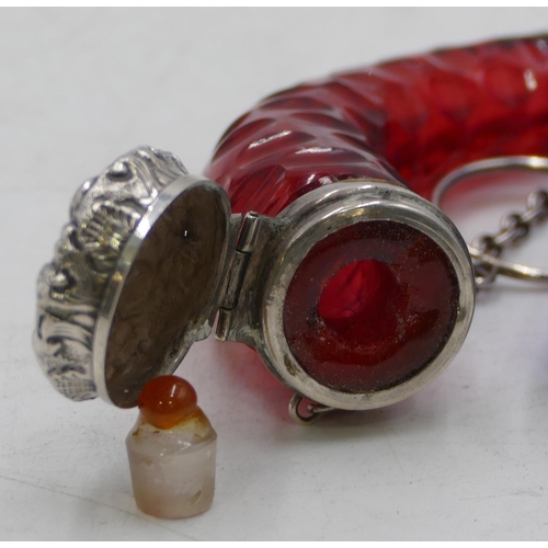 382 - A Victorian ruby glass and silver cornucopia scent bottle with thumb pattern decoration with embosse... 