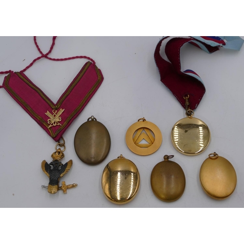 397 - 4 oval and 2 circular gilt metal and enamelled Masonic medals, another similar medal depicting 2-hea... 