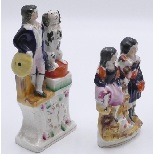 4 - A 19th Century Staffordshire group of gentleman and seated dog upon a clock, 21cm high and a small S... 