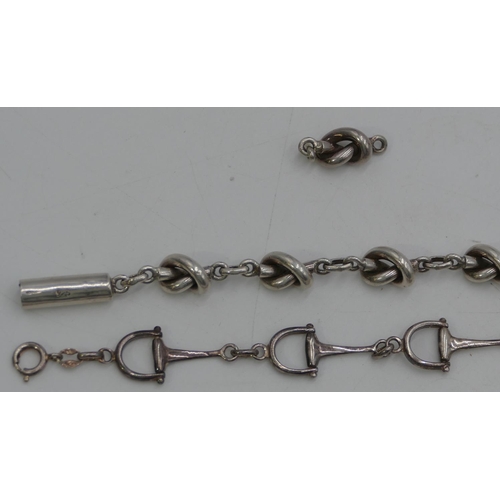 423 - A silver bracelet in form of horse stirrups and a silver twist bracelet with extra section, 43.6 gra... 