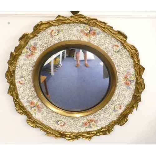 44 - A Burleighware and brass circular hanging convex wall mirror with coloured floral and gilt decoratio... 