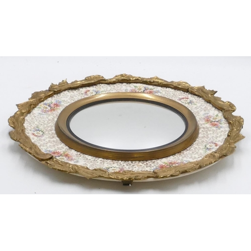44 - A Burleighware and brass circular hanging convex wall mirror with coloured floral and gilt decoratio... 