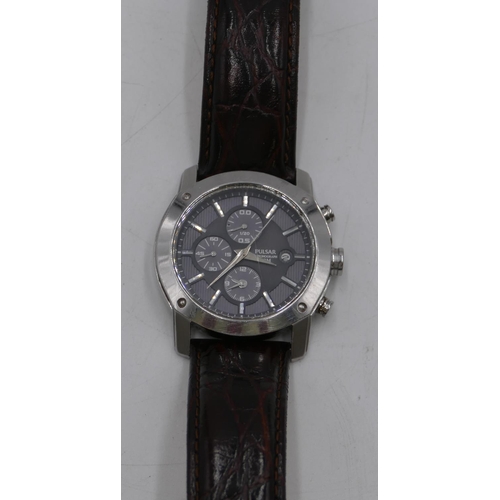 449 - A Pulsar Chronograph 50M wristwatch 940272 with black dial, 3 further dials and calendar, brown leat... 