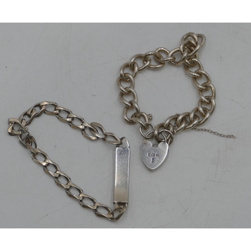 495 - A silver linked bracelet with padlock clasp, a silver identity bracelet 57g (3)