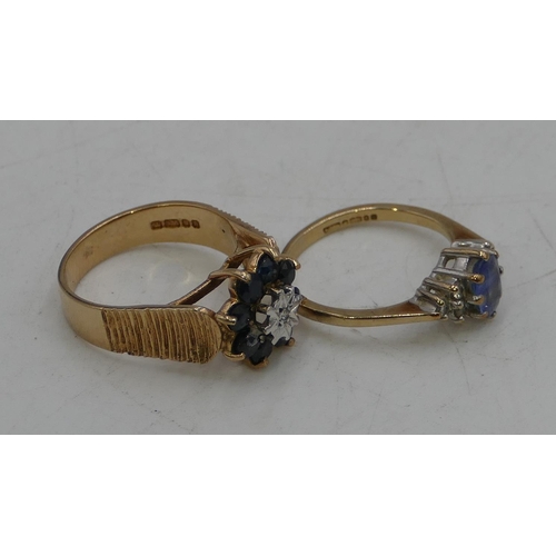 504 - A 9ct gold ladies ring set with pale blue stone, flanked by 6 small diamonds Size M, another 9ct gol... 