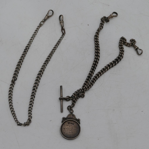 541 - A silver watch chain with T-bar mounted with pendant, a further watch chain. 81g