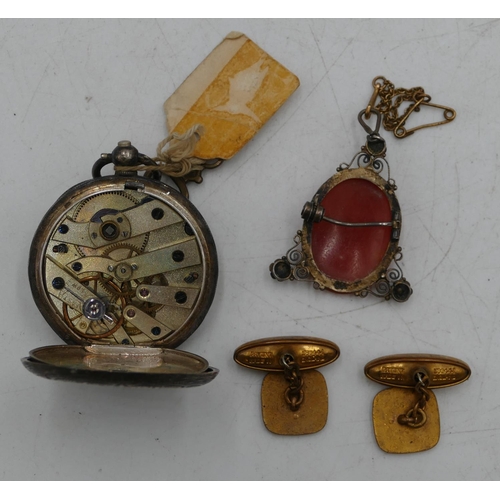 544 - A 935 silver open faced fob watch with white enamel dial (cracked) (working), an oval cameo brooch/p... 