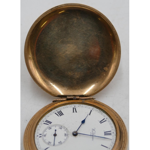 569 - Waltham plated Full Hunter pocket watch with writing on the dial, with seconds dial (no glass bezel)... 