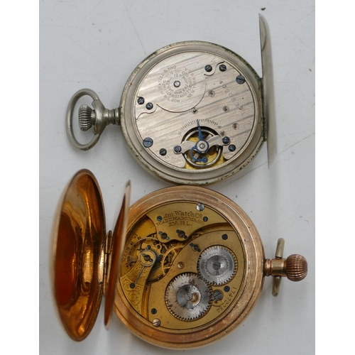 569 - Waltham plated Full Hunter pocket watch with writing on the dial, with seconds dial (no glass bezel)... 