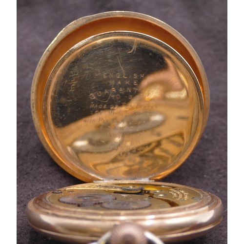 569 - Waltham plated Full Hunter pocket watch with writing on the dial, with seconds dial (no glass bezel)... 