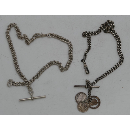 570 - A silver watch chain with T-bar, another silver watch chain with T-bar mounted with 3 odd coins. 89.... 