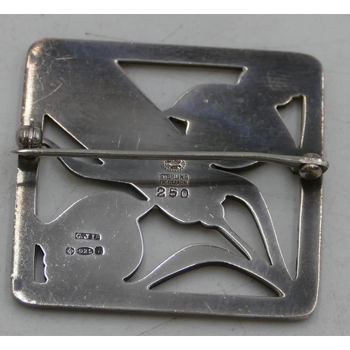 581 - Georg Jensen sterling silver square shaped brooch 250, pierced bird and wheat decoration, 5.3cm wide