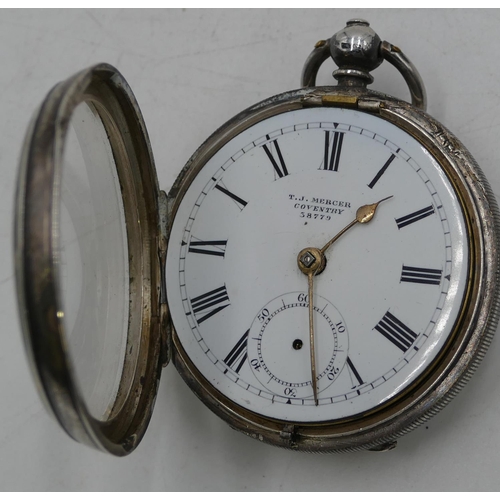 590 - T.J. Mercer, Coventry silver open faced pocket watch with white enamel dial, Roman numerals and seco... 