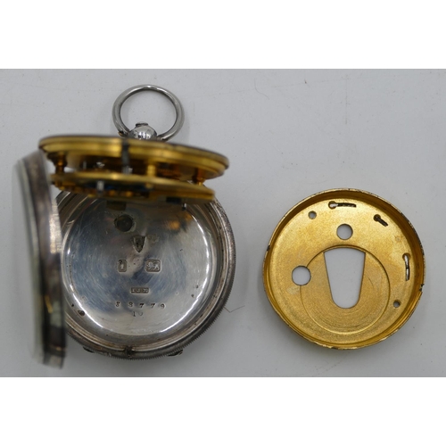 590 - T.J. Mercer, Coventry silver open faced pocket watch with white enamel dial, Roman numerals and seco... 