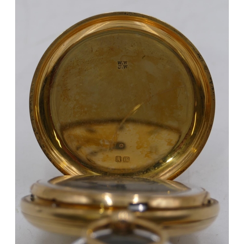 600 - William Carter, Salisbury, 18ct gold full Hunter pocket watch with white enamel dial, seconds dial a... 