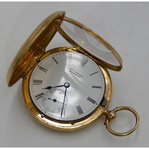 600 - William Carter, Salisbury, 18ct gold full Hunter pocket watch with white enamel dial, seconds dial a... 