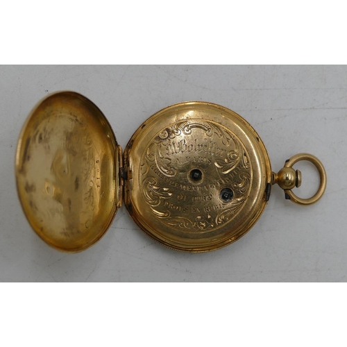 605 - A Continental gold small pocket watch (no glass bezel) with white enamel dial, Roman numerals (dial ... 