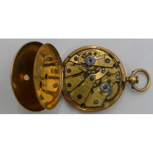 605 - A Continental gold small pocket watch (no glass bezel) with white enamel dial, Roman numerals (dial ... 