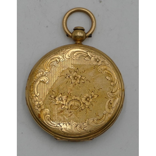 605 - A Continental gold small pocket watch (no glass bezel) with white enamel dial, Roman numerals (dial ... 