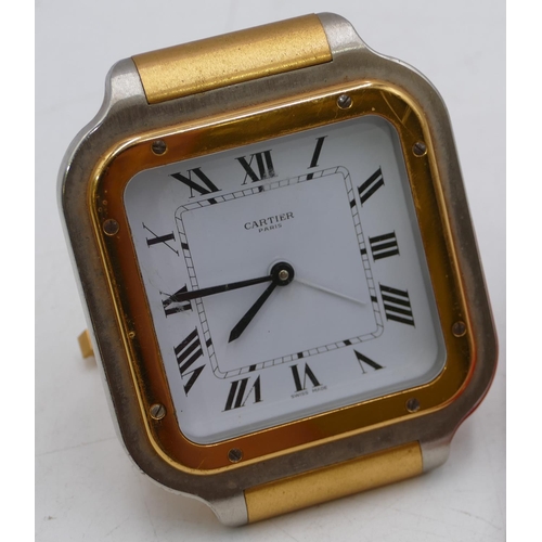 629 - Must De Cartier travelling alarm clock, with square dial and Roman numerals, 7.5cm wide x 9cm high (... 