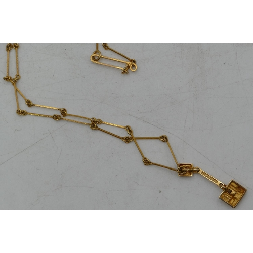 651 - An 18ct gold square drop pendant mounted with a small diamond, with chain, 40cm long, 5.2 grams gros... 