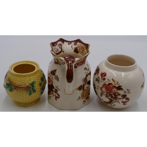 66 - Masons brown velvet octagonal shaped jug 14.5cm high, a similar round lidded ginger jar, a similar s... 