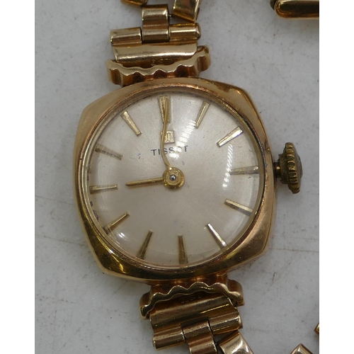 671 - A 9ct gold Tissot ladies wristwatch with matching strap bracelet, weighable gold 9.5 grams gross (wo... 