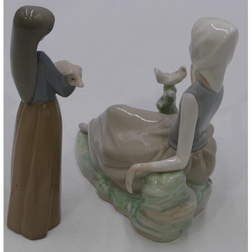 68 - A Lladro figure of a seated lady with bird, 17cm high, and a LLadro figure of a young girl holding a... 