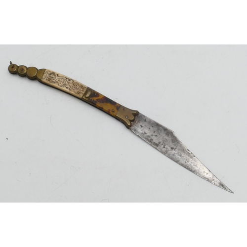 712 - An Eastern brass handled folding knife with tortoiseshell and bone inserts, 31cm long open, 17cm lon... 