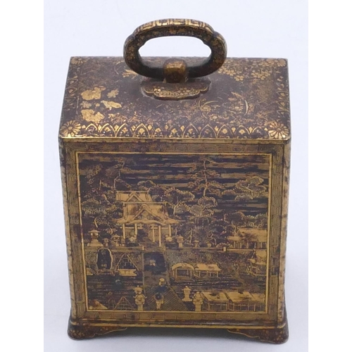 717 - An Oriental metal miniature trinket chest with allover gilt and black river, landscape, building, fl... 