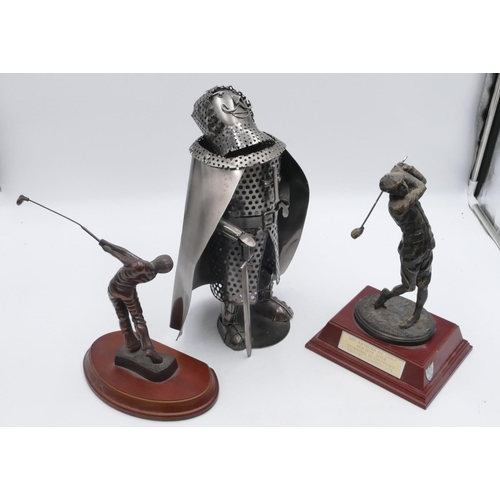 719 - A spelter golfing trophy in form of a golfer on hardwood stand, 24cm high overall, a golfing trophy ... 