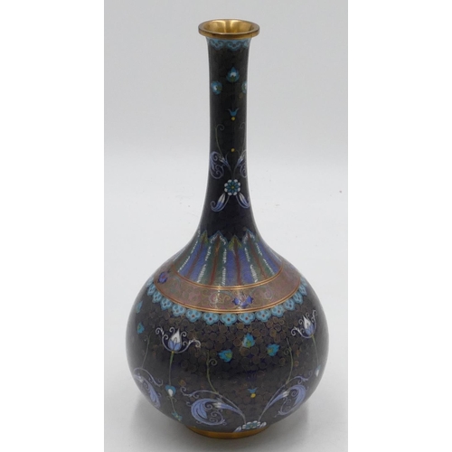 722 - An Oriental Cloissonne round bulbous thin necked vase on blue ground with coloured floral, leaf and ... 