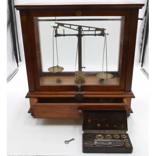 725 - A set of Gallencamp & Co Ltd, London balance scales in mahogany case with single drawer to front, la... 