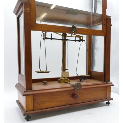 725 - A set of Gallencamp & Co Ltd, London balance scales in mahogany case with single drawer to front, la... 