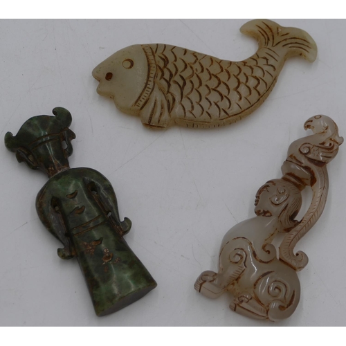 738 - An Oriental hardstone figure of fish and 2 other various hardstone figures. (3)