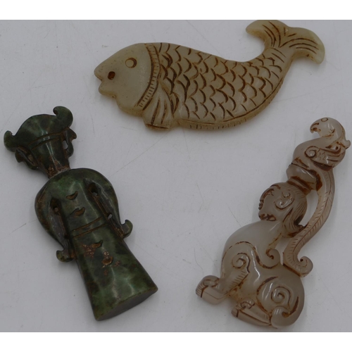 738 - An Oriental hardstone figure of fish and 2 other various hardstone figures. (3)