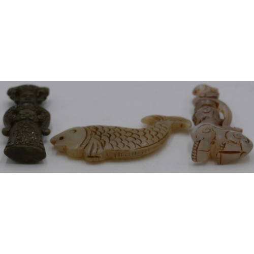 738 - An Oriental hardstone figure of fish and 2 other various hardstone figures. (3)