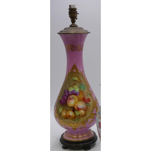 76 - A Victorian hand painted round bulbous thin necked trumpet shaped table lamp on pink ground with mul... 