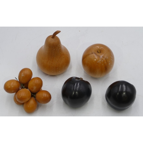 766 - A pair of Penkridge, London plums, 3 other Linley style wooden fruit, apple stamped N.G, pear and bu... 