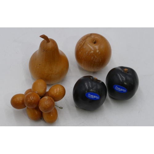 766 - A pair of Penkridge, London plums, 3 other Linley style wooden fruit, apple stamped N.G, pear and bu... 