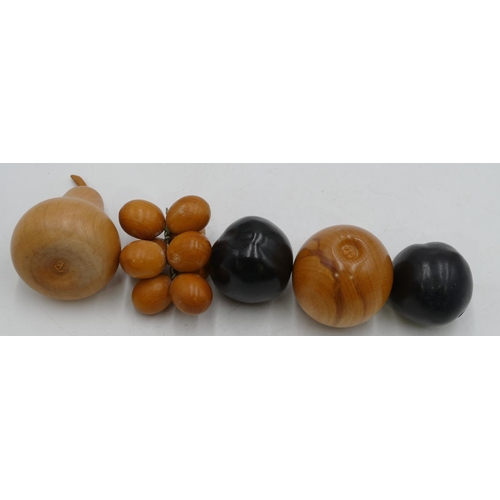 766 - A pair of Penkridge, London plums, 3 other Linley style wooden fruit, apple stamped N.G, pear and bu... 