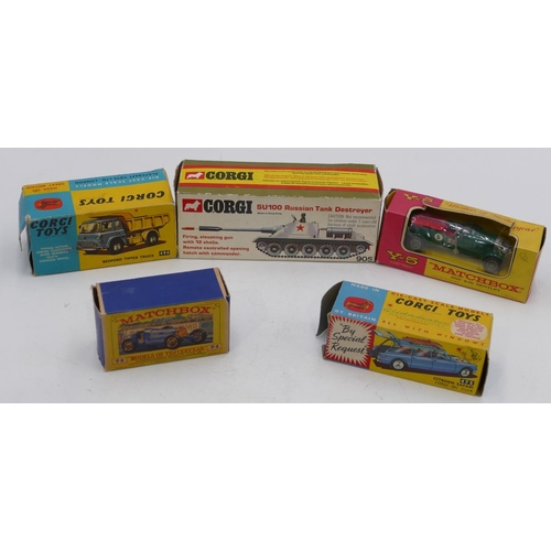 772 - A Corgi 494 Bedford Tipper Truck, boxed, a Corgi 905 SU100 Russian Tank Destroyer, boxed, a Citroen ... 