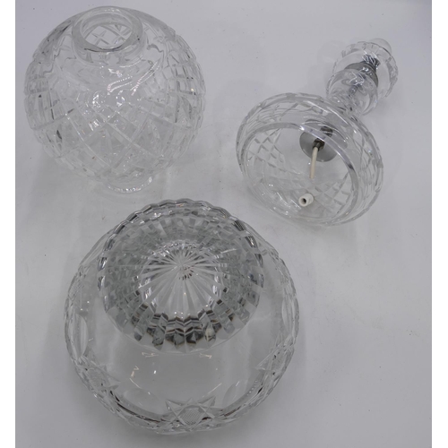 78 - A Waterford cut glass 2-sectioned table lamp with bulbous shaped bowl on round stem and sweeping bas... 