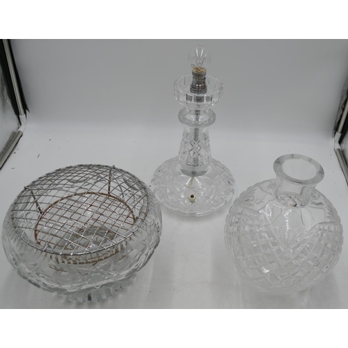 78 - A Waterford cut glass 2-sectioned table lamp with bulbous shaped bowl on round stem and sweeping bas... 